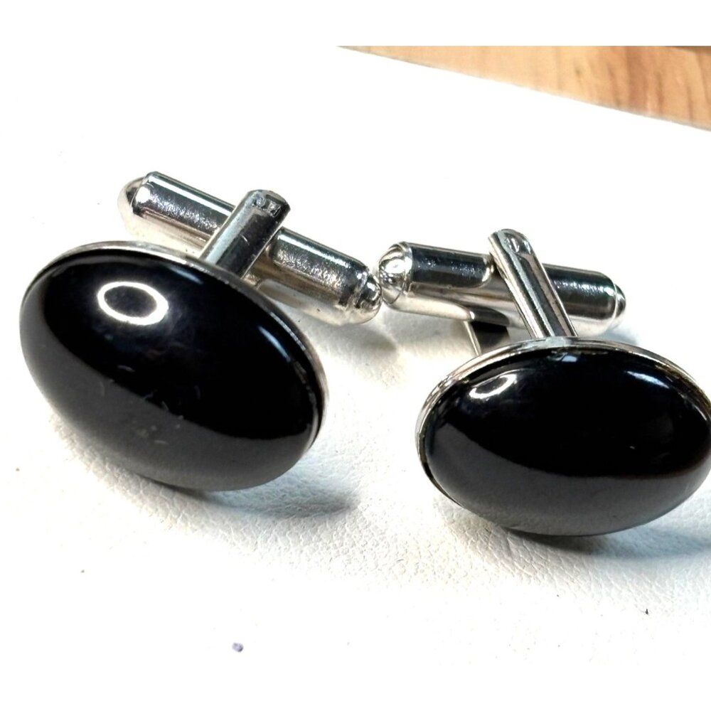 Black Oval Cufflinks With Silver-Tone Base For Men